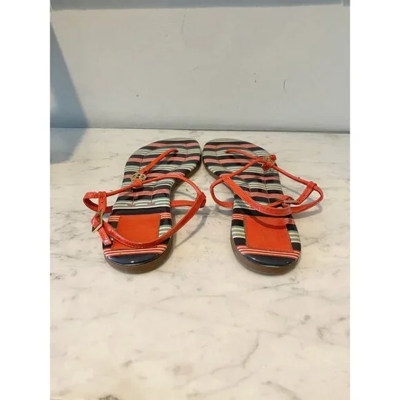 Tory Burch Shoes Womens Size 7 Striped Orange Thong Sandals Logo Flat Summer - Picture 5 of 6